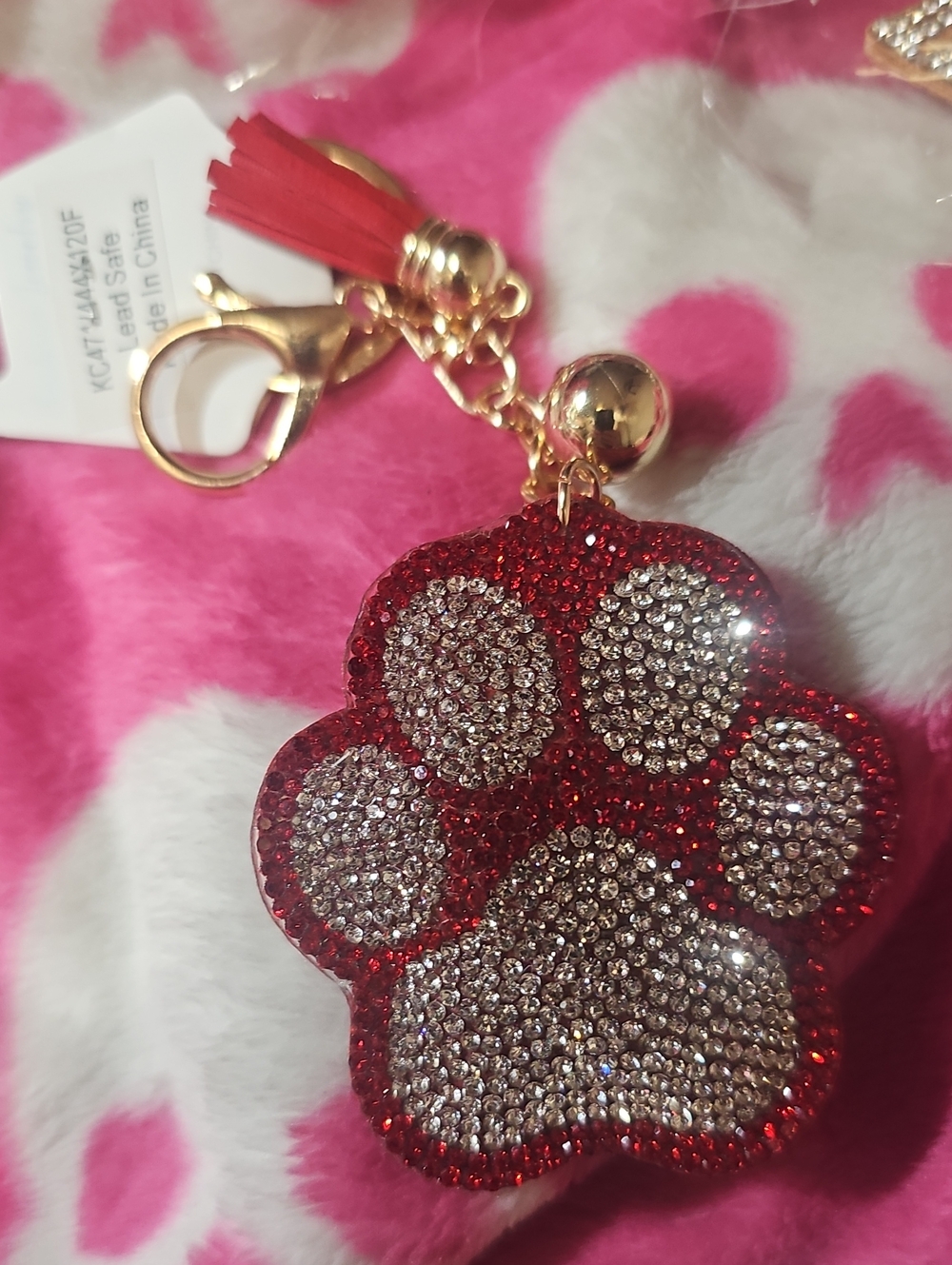 NWT RHINESTONE WHITE AND RED PAW Keychain